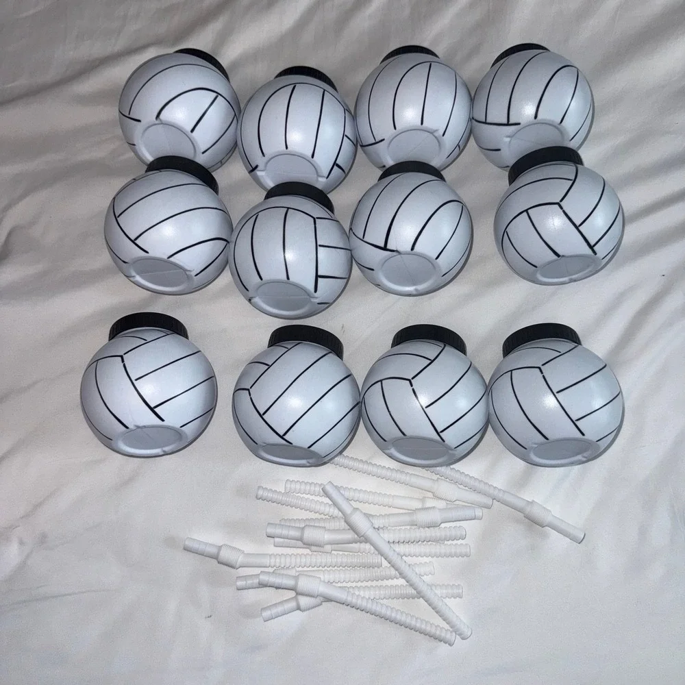 Lot of 12 Volleyball Party Cups with Lids and Straws White Plastic Sports Favors
